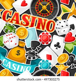 Casino gambling seamless pattern with game sticker objects.
