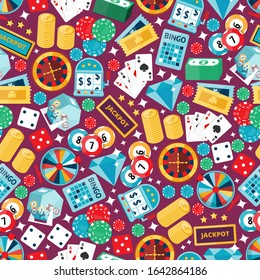 Casino gambling seamless pattern, vector illustration. Symbols of fortune, icons of luck, isolated emblems in flat style. Gaming establishment background, jackpot, poker, roulette and lottery gambling