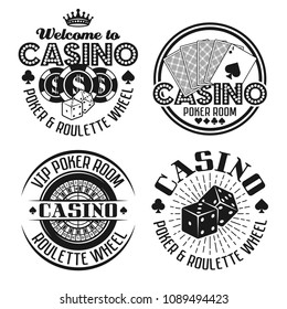 Casino and gambling set of four vector emblems, labels or badges in vintage monochrome style isolated on white background