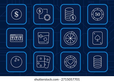 Ícone do jogo e do casino. Chips, cartões, dados, caça-níqueis, roleta, bebida, dólar, pôquer, apostas, sorte, entretenimento, ícones de jogo.