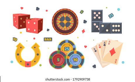 Casino gambling set. Red square dice roulette with bets dominoes yellow horseshoe of luck poker chips four aces winning jackpot illustration game and luxurious excitement. Vector flat winner.