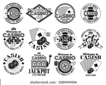 Casino and gambling set of twelve vector emblems, labels or badges in vintage monochrome style isolated on white background