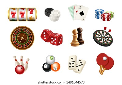 Casino and gambling sport games icons. Vector realistic chess, skittles, balls, casino roulette, slot machine