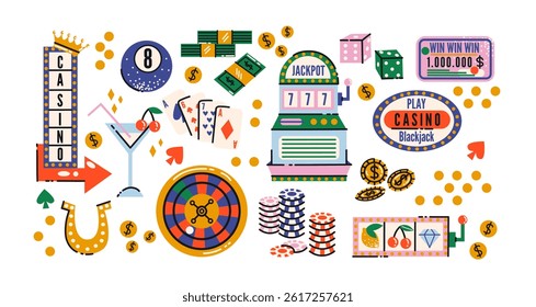 Casino and gambling sticker set in retro cartoon style. Playing cards, poker chips, dice, roulette wheel, slot machines, lucky sevens - fun casino elements in trendy retro doodle style.