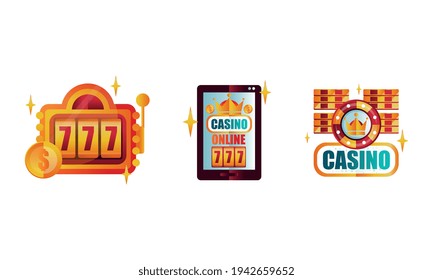 Casino and Gambling Symbols Collection, Slot Machine, Online Internet Casino, Jackpot Flat Vector Illustration