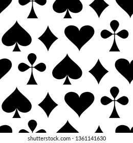 Casino gambling theme. Seamless pattern with playing card suits. Poker card suits - hearts, clubs, spades and diamonds. Black silhouettes on white background. Vector illustration