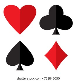 Casino gambling theme. Set of playing card suits. Poker card suits - heart, club, spade and diamond. Red and black. Vector illustration