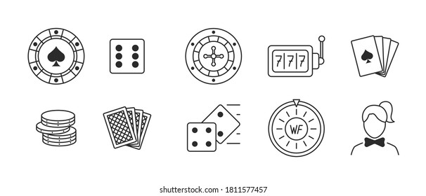 Casino and gambling vector icons set. 10 line icons, editable stroke. Vlat style vector web signs isolated on white background.