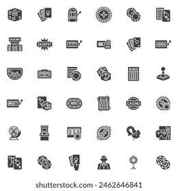 Casino gambling vector icons set, modern solid symbol collection, filled style pictogram pack. Signs, logo illustration. Set includes icons as slot machine, poker cards, lottery, bingo, roulette table