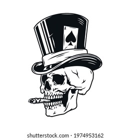 Casino and gambling vintage monochrome concept with skull smoking cigar in top hat with ace of spades card isolated vector illustration