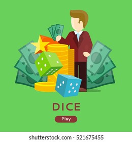 Casino gambling website template. Chips stacks, croupier, craps dice and money on green background. Banner for online casino. Vector illustration. Casino background