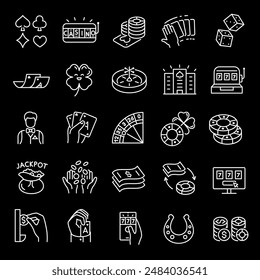 Casino and gambling, white line icons. Roulette, poker, slot machines, and money games. Ideal for entertainment and leisure themes. Symbols on black background. Editable stroke.