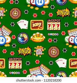 Casino gambling win luck fortune gamble play game seamless pattern background risk chance icons success vegas roulette gaming vector illustration.