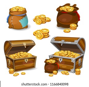 Casino and Game cartoon 3d money icons. Gold coins in moneybags and chests.
Game design money items. Gold coins on white background.