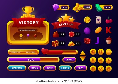 Casino game . Cartoon web and mobile user interface design elements, progress bar. Vector game score icons