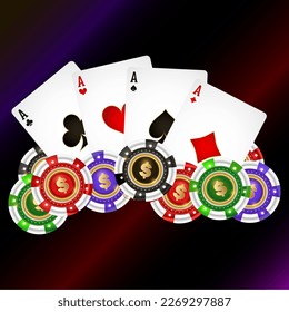 Casino game chips and four ace cards of different suits