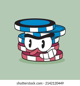 Casino game chips tokens. Vintage toons: funny character, vector illustration trendy classic retro cartoon style 30s.