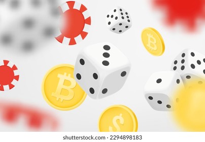 Casino game concept. Dice, casino chips and coins. Gamebling concept. 3d vector clipart