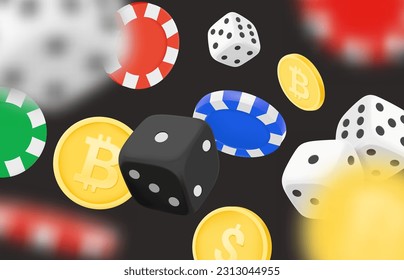 Casino game concept. Dice, casino chips and coins. Gamebling concept. 3d vector clipart