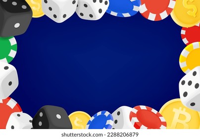 Casino game concept with dice, coins and casino chips. 3d vector frame with copy space