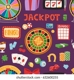 Casino game gambling symbols blackjack cards money winning roulette joker vector seamless pattern
