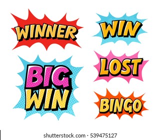 Casino or game icons. Lettering such as win, winner, lost, bingo. Comic text vector illustration