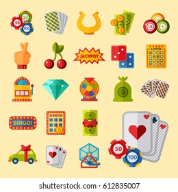 Casino game icons, poker gambler symbols  and blackjack winning roulette  vector illustrations.