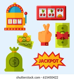 Casino game icons poker gambler symbols blackjack winning roulette joker slotbvector illustration.