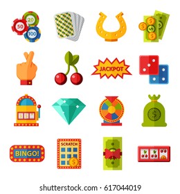 Casino game icons poker gambler symbols blackjack winning roulette joker slotbvector illustration.