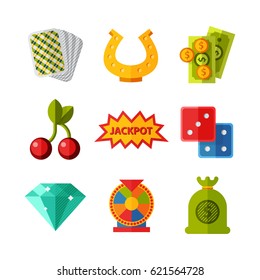 Casino game icons poker gambler symbols blackjack winning roulette joker slotbvector illustration.
