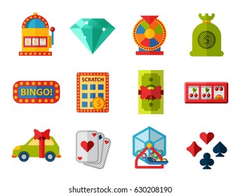 Casino game icons poker gambler symbols blackjack winning roulette joker slotbvector illustration.