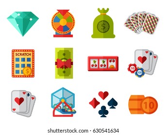 Casino game icons poker gambler symbols blackjack winning roulette joker slotbvector illustration.