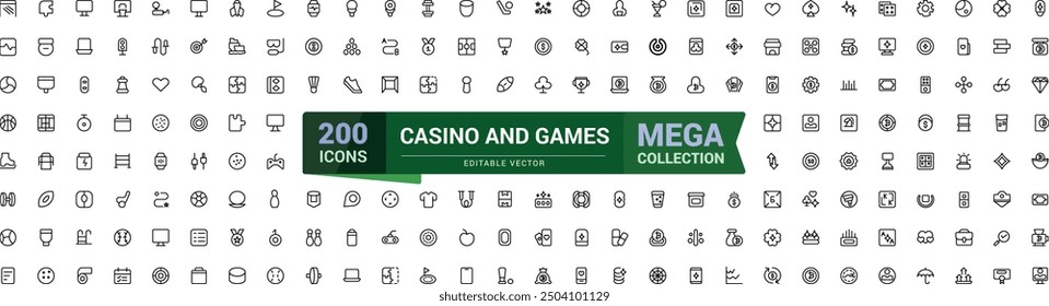 Juego de iconos de casino y línea de juego. Mega colección de icono de casino y juego. Colección de símbolos de contorno. Trazo editable. Ilustración vectorial.