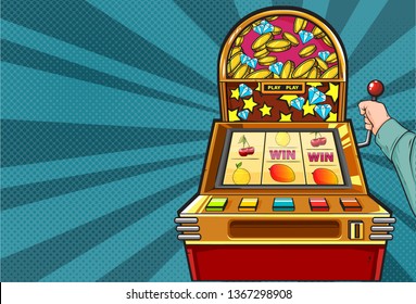 Casino game machine, golden slot machine with human hand, vector cartoon comics illustration, hand drawn illustration