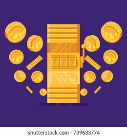 Casino game machine with winning combination jackpot and explosion of golden coins vector illustration