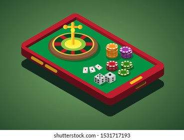 Casino game online smartphone, roullette, betting, domino, poker, chips, dice isometric illustration vector