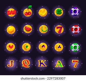 Casino game slot machine icon. Vector gambling machine badge kit, fruit set, cards, bonus sign, golden chips coin. Online spinning, having mobile entertainment