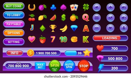 Casino game user interface menu, icons and buttons. Cartoon mobile gamble slot machine gui elements, progress bar and coin panel vector set. Illustration of casino interface button for menu