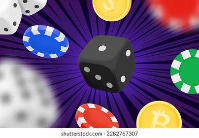 Casino game winning concept. Dice, casino chips and coins. Gamebling concept. 3d vector clipart
