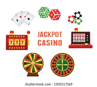 Casino games flat vector illustrations set. Cards suits, gambling chips, lucky seven, roulette stickers pack. Poker and dice icons. Games of chance, slot machine isolated cliparts collection