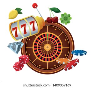 Casino games gambling leisure roulette clover chips dice slot machine and diamond vector illustration graphic design