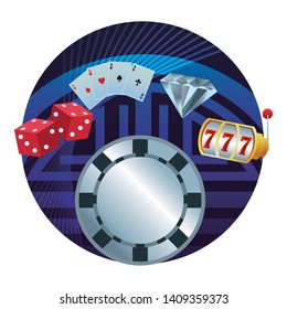 Casino games gambling leisure round sticker frame silver chip diamond dice cards and slot machine vector illustration graphic design