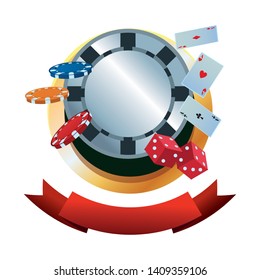 Casino games gambling leisure silver chip dice coins cards and chips ribbon banner vector illustration graphic design