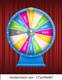 Casino games gambling vector, fortune wheel with numbers flat style. Playing on money, earning coins gaining wealth. Roulette with sectors segments