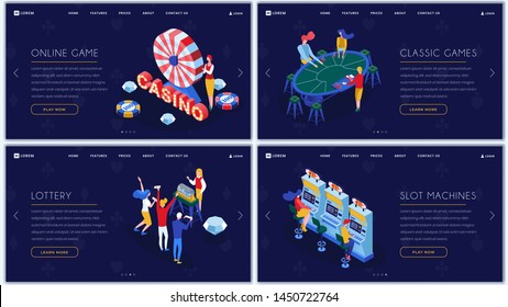 Casino games isometric landing pages set. Slot machines, lottery, classic casino entertainment website homepage templates pack. Online gambling and amusement business web banner color layout