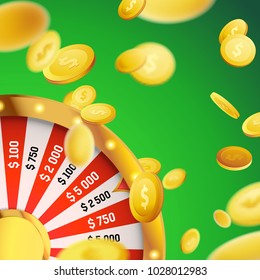 Casino games million dollar money fortune. Realistic lottery wheel and falling dollars over green background. Golden metallic wheel of luck. Spinning wheel. Vector illustration