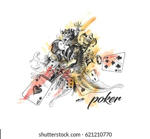 Casino Games - Poker, Hand Drawn Sketch Vector illustration.