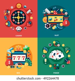 Casino games roulette slot poker 777 pockie machine 4 flat icons vector illustration