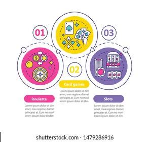 Casino games vector infographic template. Business presentation design elements. Gambling. Data visualization with three steps and options. Process timeline chart. Workflow layout with linear icons