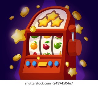 Casino games. Vector red slot machine with fruits against the background of gold stars and coins flying in a circle. For posters, banners, flyers and brochures.